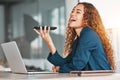 Businesswoman, laptop and phone laughing for funny joke, meme or conversation on speaker at office desk. Happy female Royalty Free Stock Photo