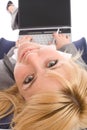 Businesswoman with laptop rest in chair over white Royalty Free Stock Photo