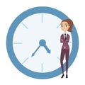 Businesswoman leaning on clock.