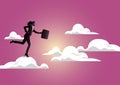 A businesswoman leaps from cloud to cloud. Cloud computing concept