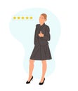 Business woman leave five star rating vector.