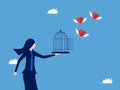 Businesswoman let his heart fly out of the cage. emancipation and freedom of mind