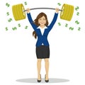 Businesswoman lifts up heavy barbell with dollar sign. Vector illustration for business financial strength concept. Royalty Free Stock Photo