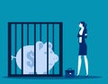 Businesswoman looking at a piggy bank in a cage