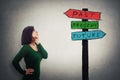 Businesswoman looking at road sign Royalty Free Stock Photo