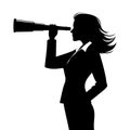 Businesswoman looks telescope silhouette. Forecast, vision in business concept