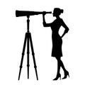 Businesswoman looks telescope silhouette. Forecast, vision in business concept