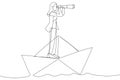 businesswoman looks through a telescope standing on paper boat vector, business concept illustration. One