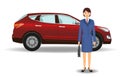 Businesswoman on a luxury crossover car background. Office woman employee with auto on a white background.