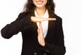 Businesswoman make symbol of time out or break time for stopping working with smiley face. Business woman wants to taking a rest. Royalty Free Stock Photo