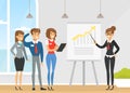 Businesswoman Making Presentation and Explaining Chart on Whiteboard, Business Conference Room with Working People Flat Royalty Free Stock Photo