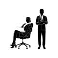 Businesswoman, manager sits in an office chair with a laptop. Businessman holding clipboard and writing. Vector illustration black