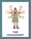 Businesswoman with many arms doing many tasks at same time, vector productivity and multitasking, time management poster