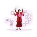 Businesswoman with many hands doing many jobs simultaneously. Multitasking concept. Royalty Free Stock Photo