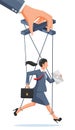 Businesswoman marionette is hanging on ropes.
