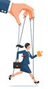 Businesswoman marionette is hanging on ropes.