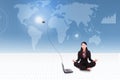 Businesswoman meditate with laptop on world map background Royalty Free Stock Photo