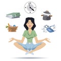 Businesswoman meditating making things fly. Illustration for internet and mobile website
