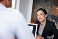 Businesswoman, meeting or job interview in office boardroom with human resources, recruitment or hiring managers. Happy Royalty Free Stock Photo