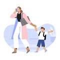 Businesswoman, mother walking child to school or kindergarden down the street, hurrying to work, office, combining