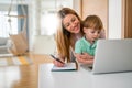 Businesswoman mother woman with a toddler working at the computer at home