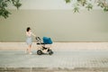 Businesswoman mother and your baby in cart walking on urban sidewalk - stock photo Royalty Free Stock Photo