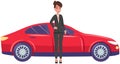 Businesswoman next to personal transport. Woman in business suit, entrepreneur near expensive car