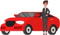Businesswoman next to personal transport. Woman in business suit, entrepreneur near expensive car