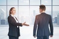 Businesswoman offer hand to shake, businessman in suit and panoramic windows Royalty Free Stock Photo