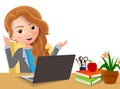 Businesswoman in office desk vector character. Business female office manager happy talking and sitting.