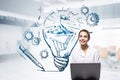 Businesswoman in office room and light bulb with gears drawing Royalty Free Stock Photo