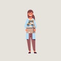 Businesswoman office worker holding box with stuff things new job business concept flat full length