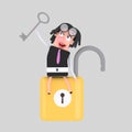 Businesswoman with opened padlock. 3D