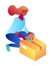 Businesswoman packing cardboard box isometric 3D illustration. Royalty Free Stock Photo