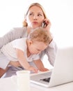 Businesswoman, phone call and baby with laptop in home for remote work, multitasking or productivity. Single mom Royalty Free Stock Photo
