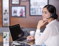 Businesswoman, phone call and headset with laptop, virtual assistant and online in corporate office. Technology Royalty Free Stock Photo