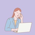 Businesswoman phone call with laptop with outline or line and clean simple people style