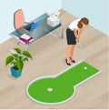 Businesswoman playing mini golf in his office. Perfect for products such as t-shirts, pillows, album covers, websites