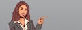 Businesswoman Point Finger To Background With Copy Space Horizontal Banner Happy Smiling Business Woman