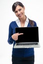 Businesswoman pointing finger on laptop screen Royalty Free Stock Photo