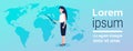 Businesswoman pointing world map geographic global presenting location placement business globalization concept woman