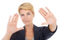 Businesswoman, portrait and framing hands in studio, professional and smile for profile picture. Female person, happy