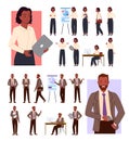 Businesswoman poses set, girl manager standing with laptop, young office worker pointing. Businessman poses set, office Royalty Free Stock Photo