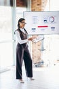 Professional businesswoman giving a presentation in a modern office with visual analytics displayed on a screen Royalty Free Stock Photo