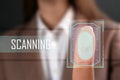 Businesswoman pressing control glass of biometric fingerprint scanner, closeup Royalty Free Stock Photo