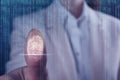 Businesswoman pressing control glass of biometric fingerprint scanner. Space for text Royalty Free Stock Photo