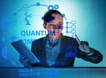 Businesswoman pressing virtual button in quantum computing conce Royalty Free Stock Photo
