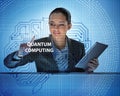Businesswoman pressing virtual button in quantum computing conce Royalty Free Stock Photo