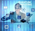 Businesswoman pressing virtual button in quantum computing conce Royalty Free Stock Photo