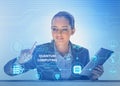 Businesswoman pressing virtual button in quantum computing conce Royalty Free Stock Photo